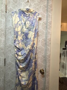 Floral Draped Body con dress blue and Cream